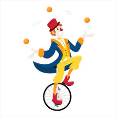 Happy performer riding unicycle and juggling balls in circus show, dressed in vibrant outfit with hat and makeup. © Marina