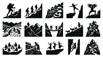 Obraz premium Black and White Silhouettes of Mountain Life, Travel, and Adventure
