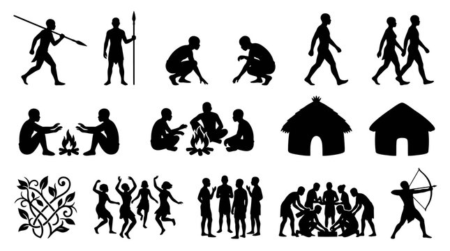 Silhouette of Primitive People and Huts, African Culture, Tribal Life, Ancient Art