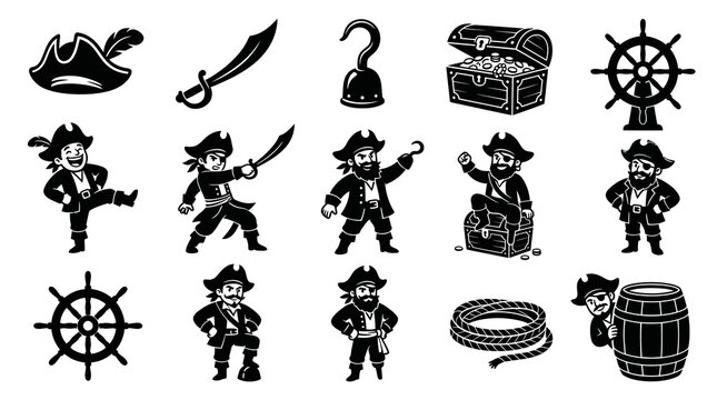 Black and White Silhouette Pirate Icons Set - Maritime Adventure Elements and Characters