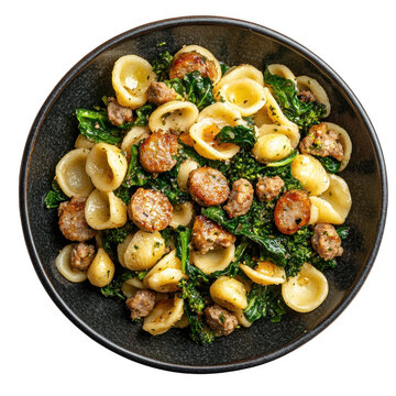 Top view of a delicious looking orecchiette with sausage and broccoli rabe on a dark stoneware plate isolated [Transparent Background PNG].