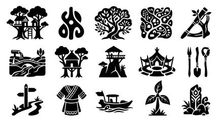 Obraz premium Set of Tribal Village Icons in Black and White Glyph Style