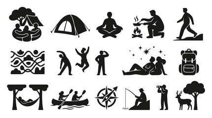 Obraz premium Outdoor Adventure Camping Nature Recreation Black Glyph Icon Set