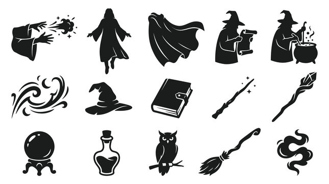 Wizard Magic Icons Set Black Glyph Wizardry Fantasy Elements