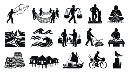 Obraz premium Fisherman and Fishing Industry Activities Silhouette Vector Icon Set