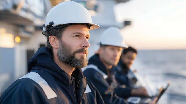Diverse engineering team in hard hats inspects underwater tidal energy installation from research vessel deck using waterproof monitoring equipment during golden hour ocean survey mission