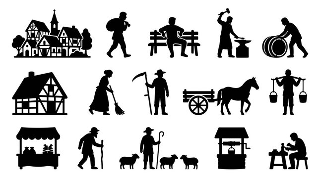 Medieval Village Life Icons: Farming, Blacksmith, Craftsman, Rural Scenes