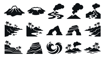 Obraz premium Black White Glyph Icons of Volcanoes, Islands, Arches, and Waves