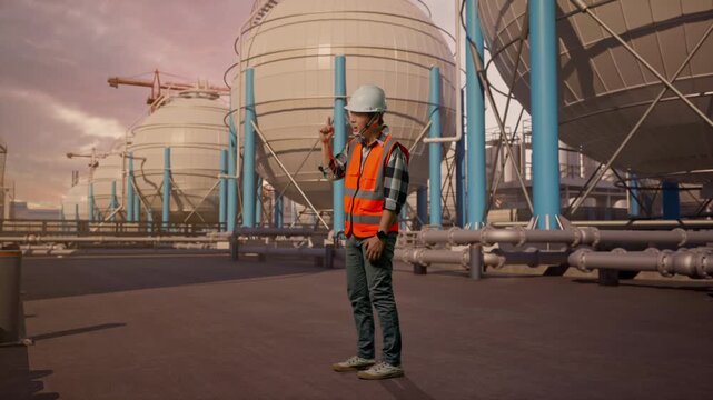 Full Body Side View Of Angry Asian Male Engineer With Safety Helmet Shouting At Someone While Standing With Spherical Propane Tanks with Fuel Gas Pipelines