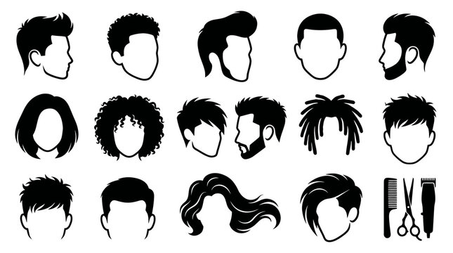 Diverse Hairstyles Collection: Black  White Silhouettes for Hair Salon Industry