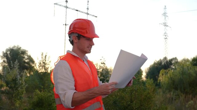 Smiling electrical engineer in helmet working on repair of electrical high voltage pylons outdoors, holding drawing. Energy industry concept. Real time