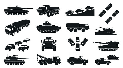 Naklejka premium Military Vehicles and Defense Equipment Black Silhouette Icon Set