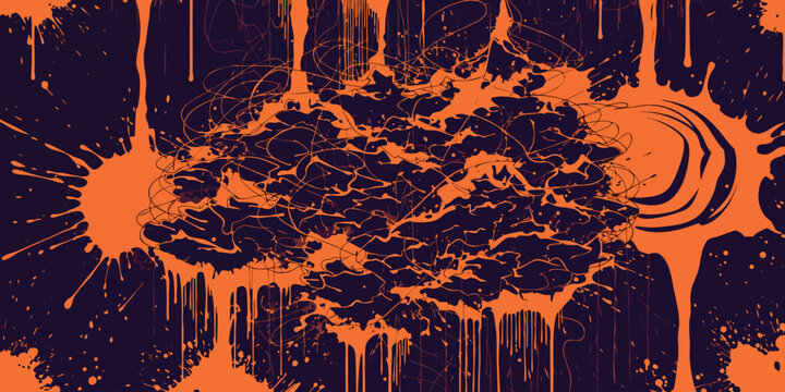 Abstract orange splatter and scribble pattern on dark purple background