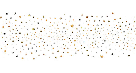 Fototapeta premium Festive gold star confetti falling against a clean white backdrop, perfect for holidays, celebrations, and design elemen