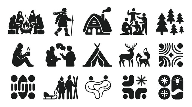 Winter Icons Set: People, Nature, Activities, Camping, Forest, Animals, Symbols