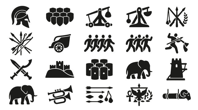 Ancient Warfare Icons: Helmet, Shields, Catapult, Elephant, Fort, Swords, Trumpet