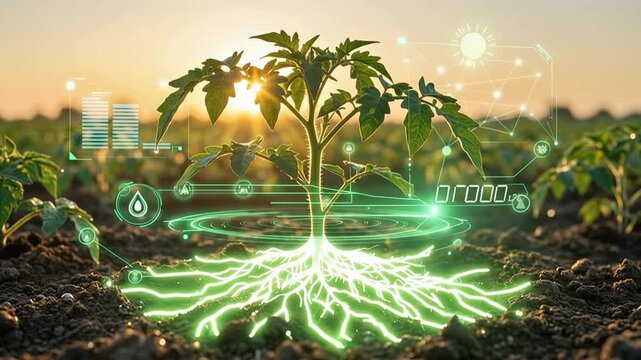 Smart agriculture and precision farming tech concept background. Plant seedling in a sunset field with holographic data monitoring charts and glowing roots, suitable for modern agriculture, ecological