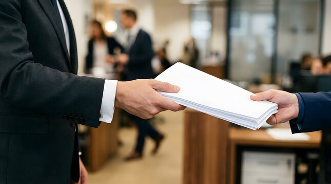 Businessman handing stack of blank paper documents to colleague in office. Professional partnership and collaboration. Corporate handover of agreement or project task in business.