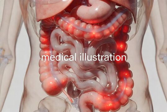 This is a medical illustration of the human digestive system, highlighting the intestines with red dots indicating inflammation.