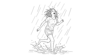 Fototapeta premium Woman Running Joyfully in Rain Sketch Illustration 