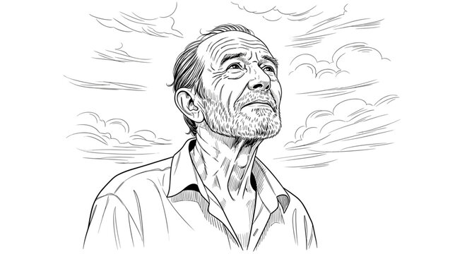 Old man looking up, hope, clouds, sketch illustration