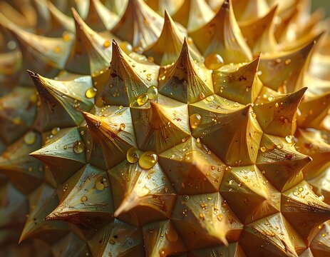 Spiky fruit, water drops