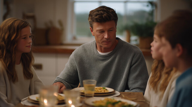 Blended family dinner where biological and stepchildren sit separated by empty chairs, father visibly trying to bridge the gap, humble dining room with mismatched plates, overcast