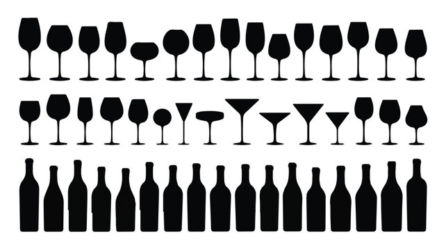 An illustration showing various wine glasses and bottles in black silhouettes
