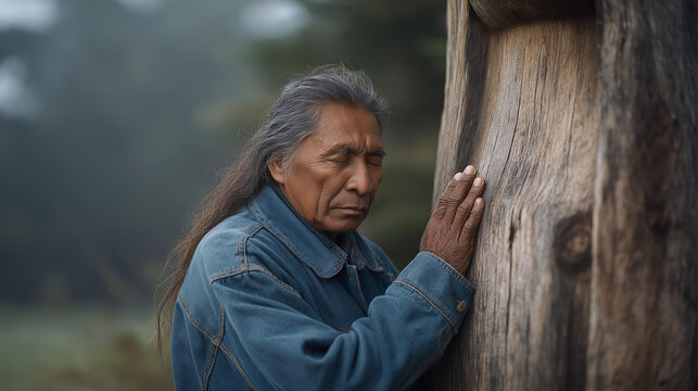 Elderly Indigenous elder pressing forehead to weathered wooden totem pole in misty forest, eyes closed, one palm flat on carved bark, solitary individual in wide establishing