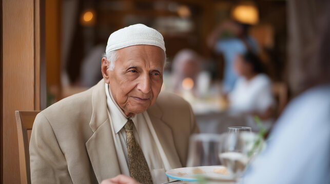 Eid family gathering where an elderly relative quietly checks blood pressure at the table corner, warm candlelit dining room, celebration continuing around them, perfect for