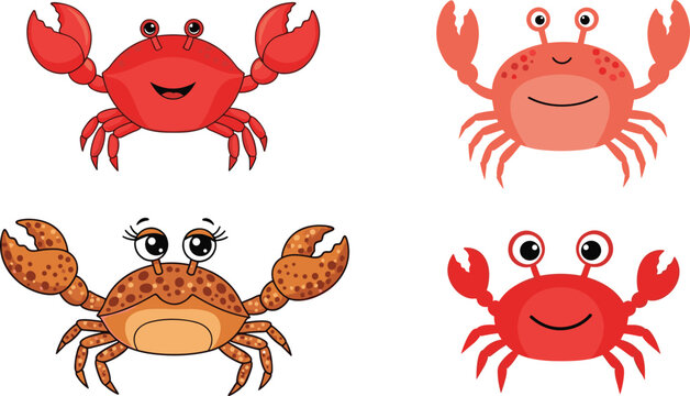 Cute Red Crab Set with Different Poses and Expressions for Marine Life, Beach, and Ocean Illustration Designs