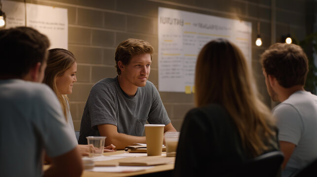 Multiracial group of early-stage employees huddled around folding tables in bare warehouse space, handwritten org chart taped to cinderblock wall, mismatched chairs, takeout