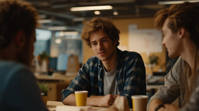 Multiracial group of early-stage employees huddled around folding tables in bare warehouse space, handwritten org chart taped to cinderblock wall, mismatched chairs, takeout