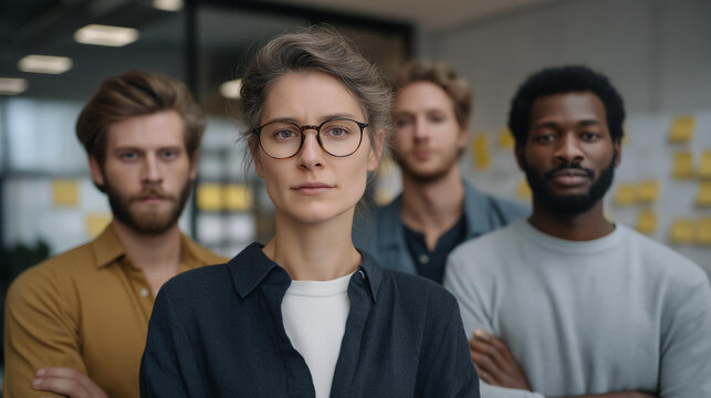 Group of five diverse junior employees learning their startup is pivoting via all-hands video call, range of shock and concern on faces, sparse open-plan office, sticky notes and