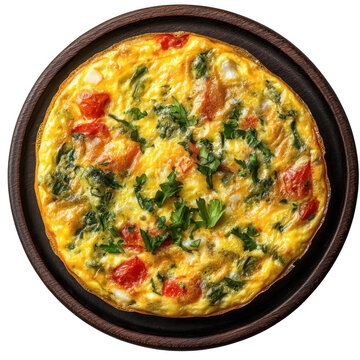 Top view of a delicious looking frittata on a dark wooden plate isolated [Transparent Background PNG].