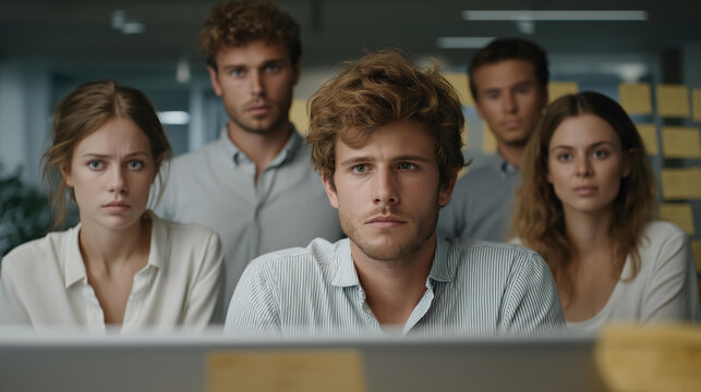 Group of five diverse junior employees learning their startup is pivoting via all-hands video call, range of shock and concern on faces, sparse open-plan office, sticky notes and