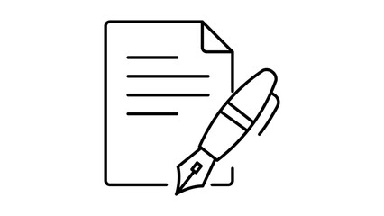 Minimalist Copywriting and Content Creation Vector Icon: A Black Line Illustration of a Document and Fountain Pen on White Background with Editable Stroke for Adjustable Line Weight Design. © Jahid