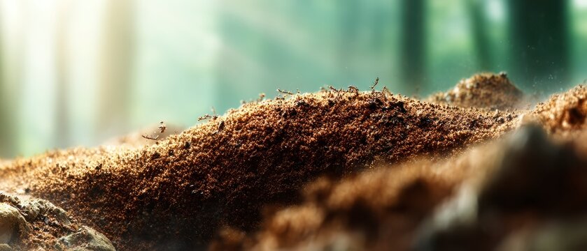 Close-Up View of An Ant Colony on Soil in a Sunlit Forest with Dust Particles Floating in the Air