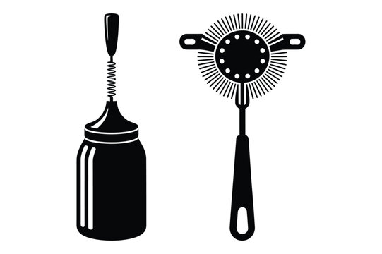 Black and white vector illustration of a bitters bottle and cocktail strainer
