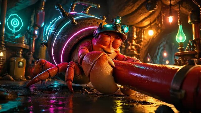 A Cheerful Hermit Crab with a Glowing Neon Trimmed Shell and a Miners Helmet Excavating in a Dark Underground Cave Environment for the Filename si w3 t4iiE 499 Cinematic Animation Scene.