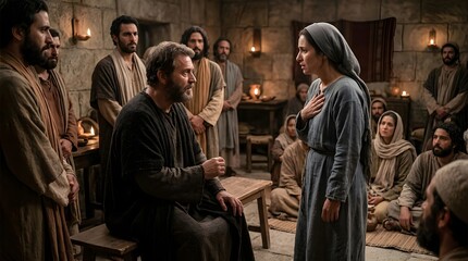 Obraz premium Woman standing before man in ancient robe while group of disciples listens in stone house. Biblical scene of people gathered for conversation. Historical cultural narrative concept.