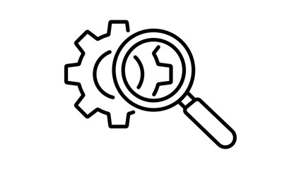 SEO Audit and Technical Analysis Concept Minimalist Black Line Vector Icon Illustration Featuring a Magnifying Glass Over a Gear with Editable Stroke and Adjustable Line Weight on White Background. © Rashidul