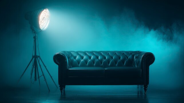 Elegant Chesterfield Leather Couch Under Dramatic Studio Lighting with Misty Atmosphere