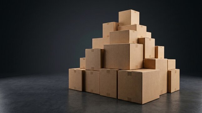 Pyramid stack of cardboard shipping boxes on dark background, e-commerce packaging, warehouse storage, bulk parcel delivery, logistics supply chain, product shipping concept