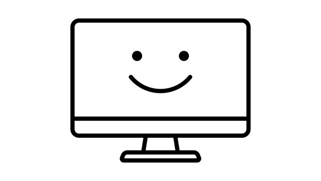 Happy User Experience and Customer Satisfaction Concept: Minimalist Black Line Vector Icon of a Smiling Face on a Computer Monitor Screen with Editable Stroke for Web Design and UI Projects.