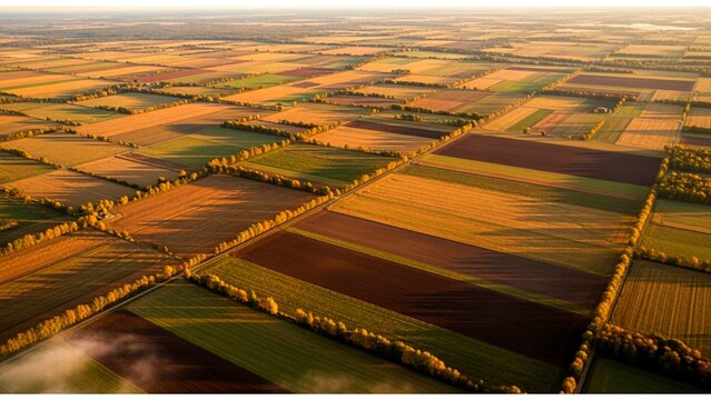 Aerial View of Autumn Patchwork Farmland at Golden Hour