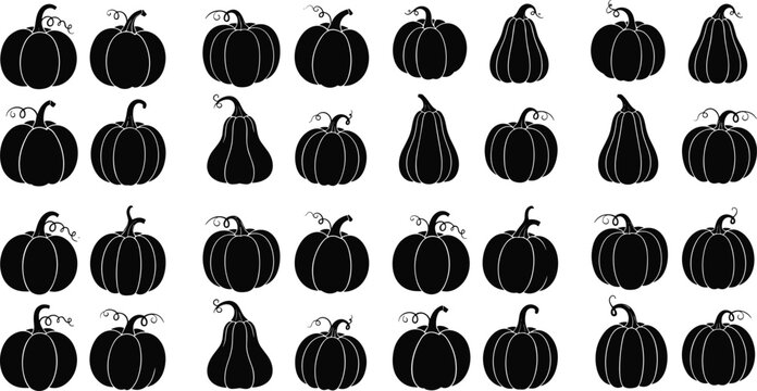 Stylized Black Pumpkin Silhouettes Collection with Unique Stems and Shapes for Autumn and Halloween Design