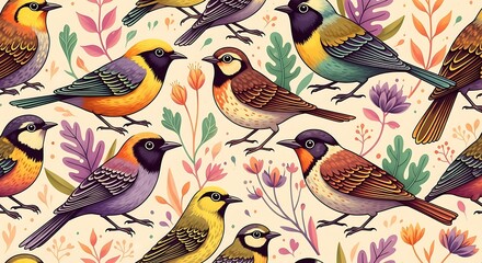 Obraz premium Colorful illustration various birds and flowers on beige background