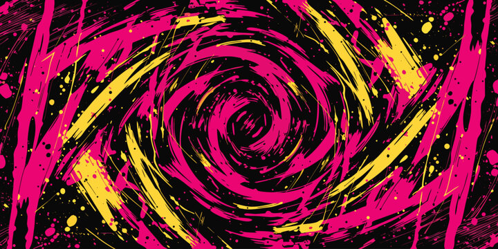Abstract swirling vortex of pink and yellow brushstrokes on black background