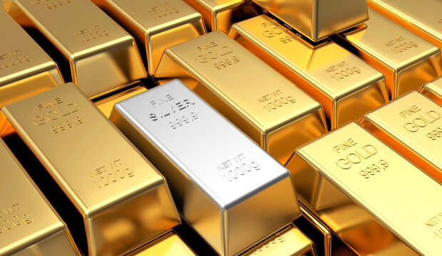 Stacked gold bars with one silver bar among them, close-up 3D render